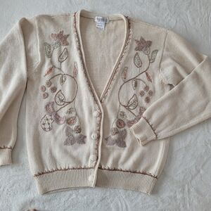 Bedo Vintage Floral Embroidered Cream Cardigan Sweater Coton Ramie Size M